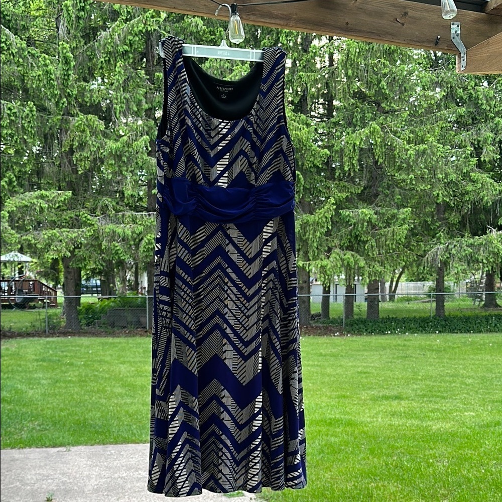 Perceptions Blue, Grey & Black Sheath Dress Sleeveless Midi Women’s Large NWOT